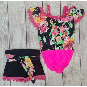 A Wish Come True 2pc Dance Costume Kokomo Leotard Shorts Girls 5-7 Pink Black
